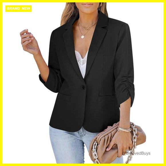 3/4 Sleeve Blazer Business Casual Work Jacket Regular Fit Polyester